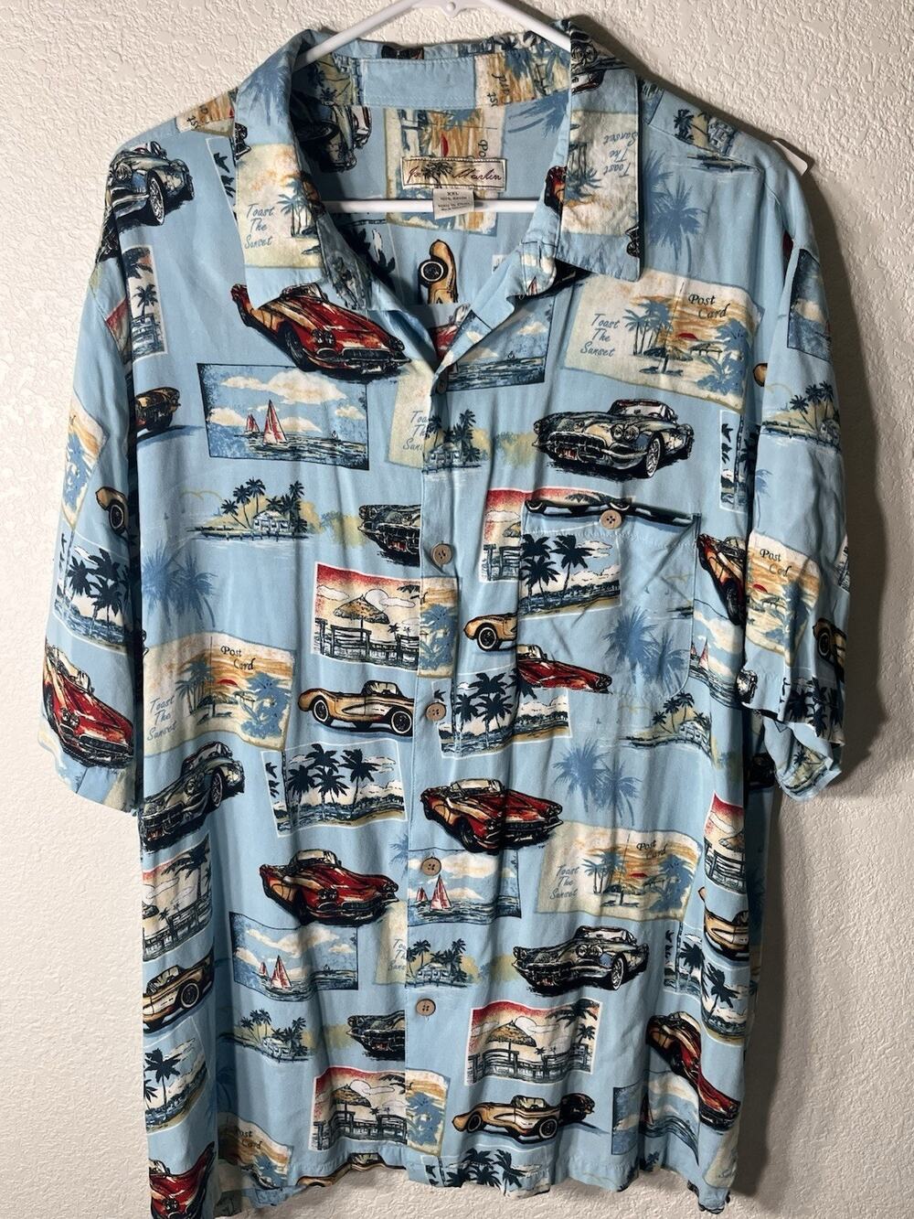 Vintage Joe Marlin Classic Car Short Sleeve Blue Button‎ Up Hawaiian Shirt 2X